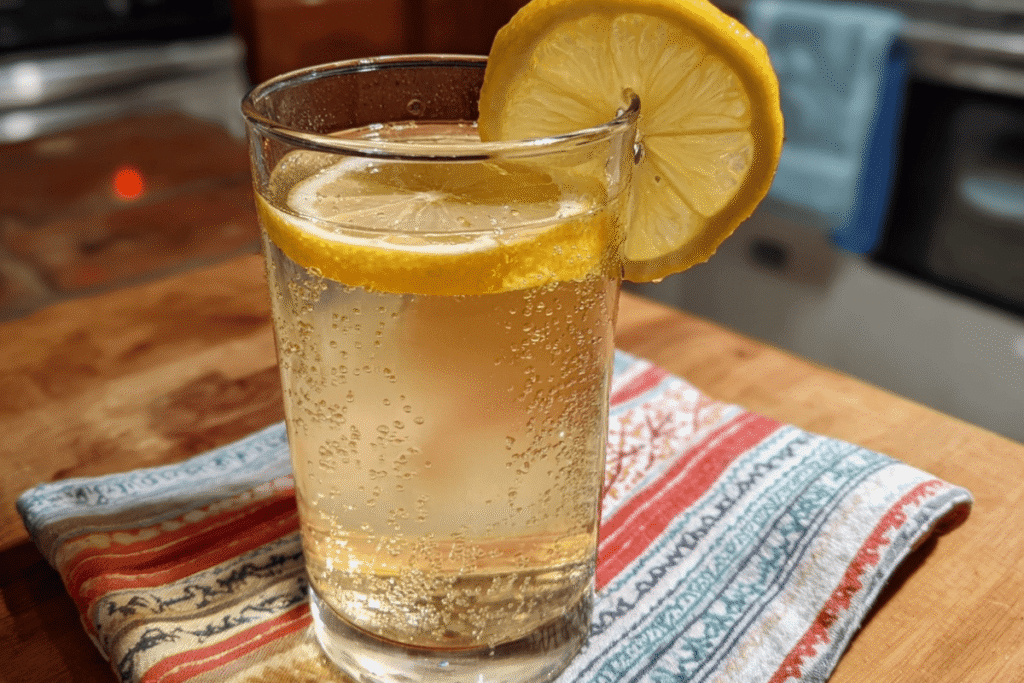 Served lemon and apple cider water with lemon garnish