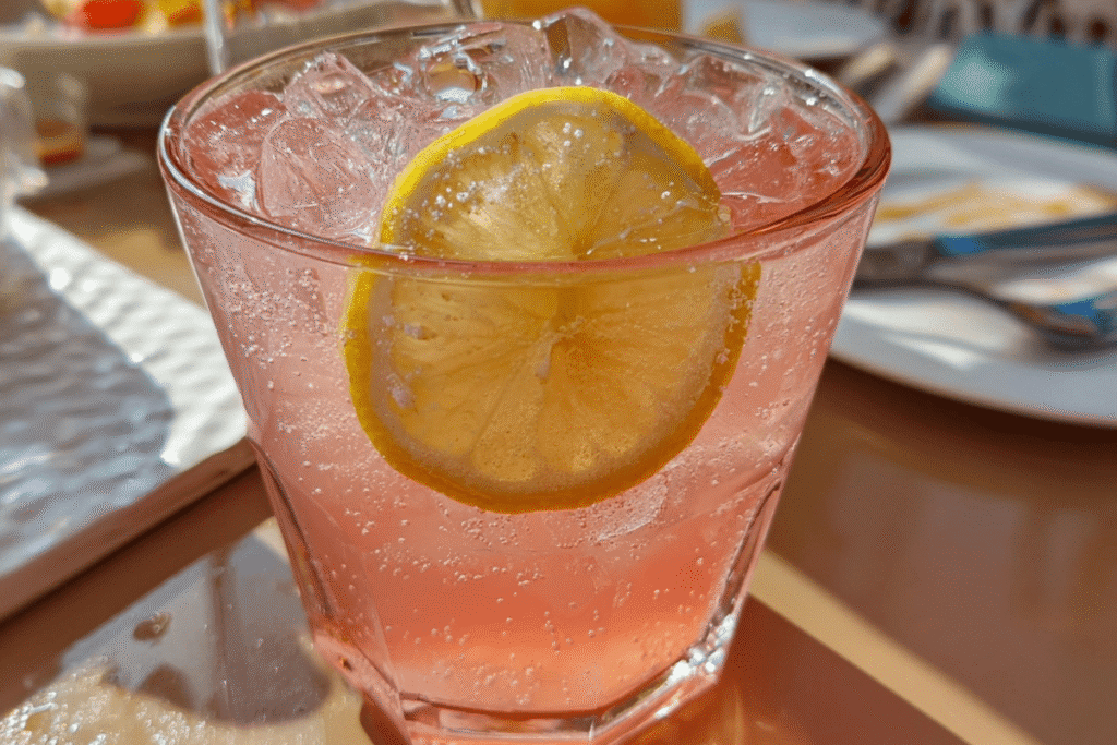 pink salt trick detox drink in a glass with lemon