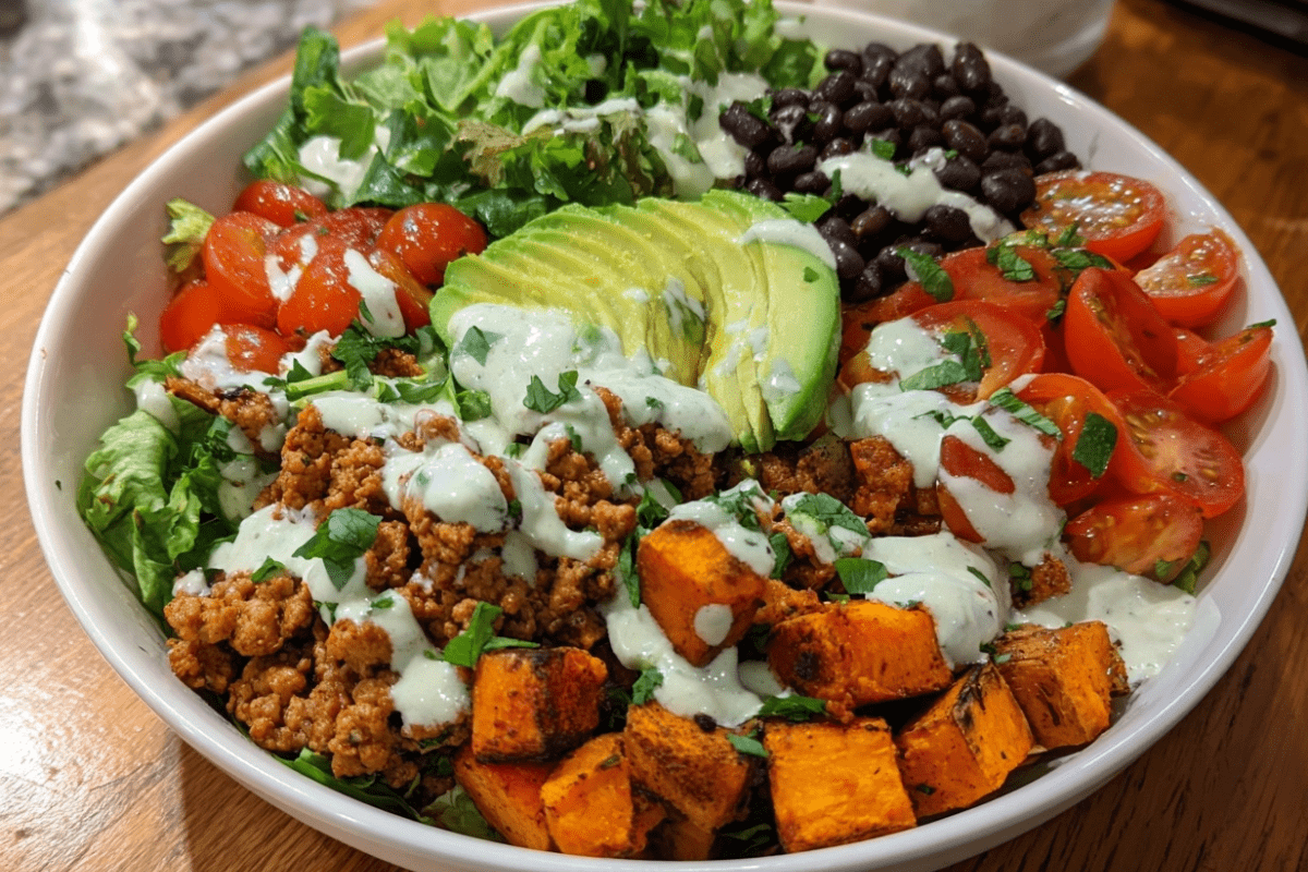 sweet potato taco bowl with toppings