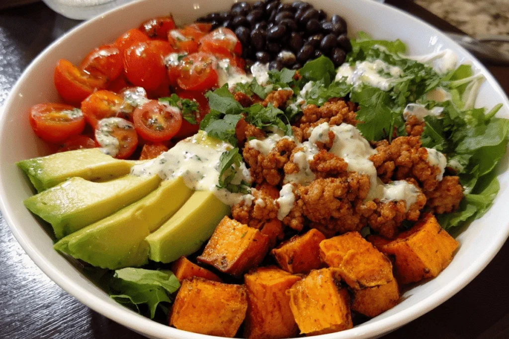 served sweet potato taco bowl with toppings