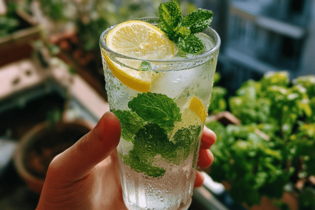 serving lemon balm detox drink over ice