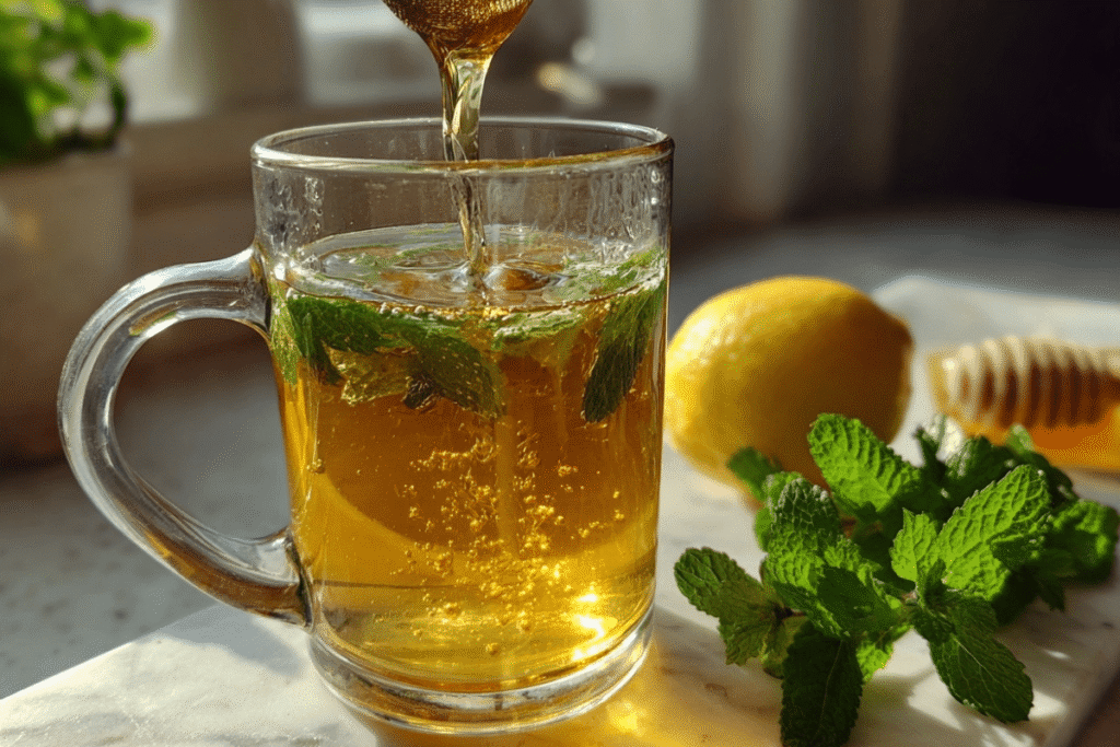 Straining lemon balm tea
