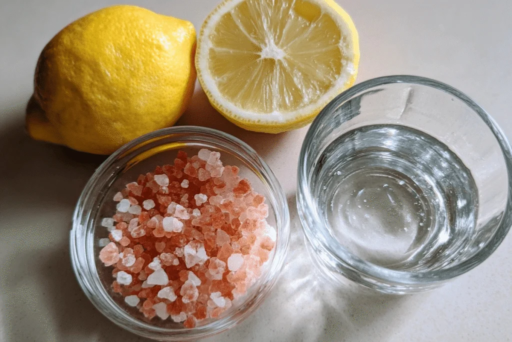 ingredients for lemon water with Himalayan pink salt