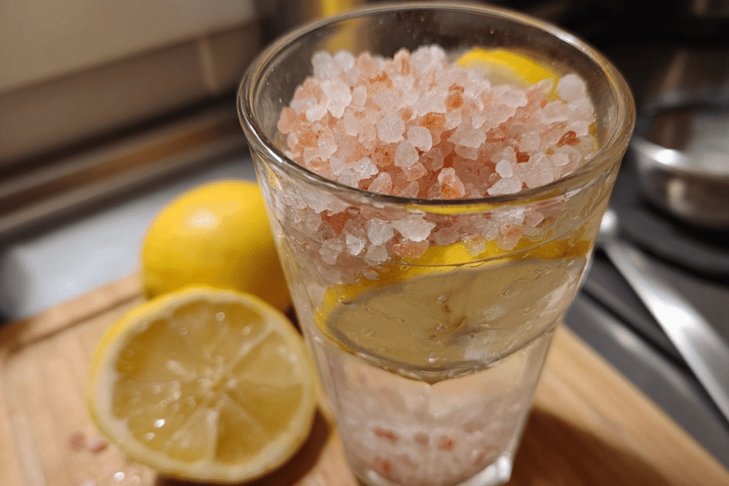 lemon water Himalayan pink salt in glass