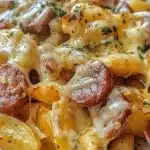 Plate of cheesy ranch potatoes with smoked sausage, garnished and ready to serve.