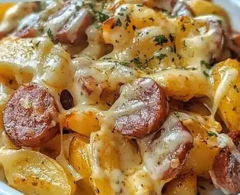 Plate of cheesy ranch potatoes with smoked sausage, garnished and ready to serve.