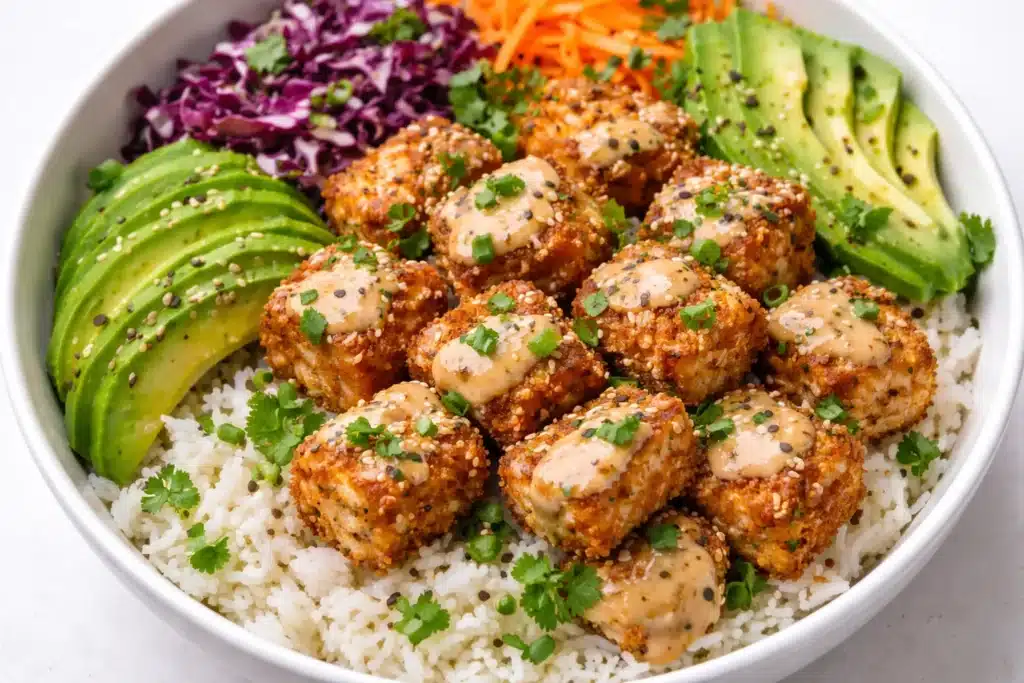 Plate of spicy Bang Bang Salmon Bites topped with creamy sauce.