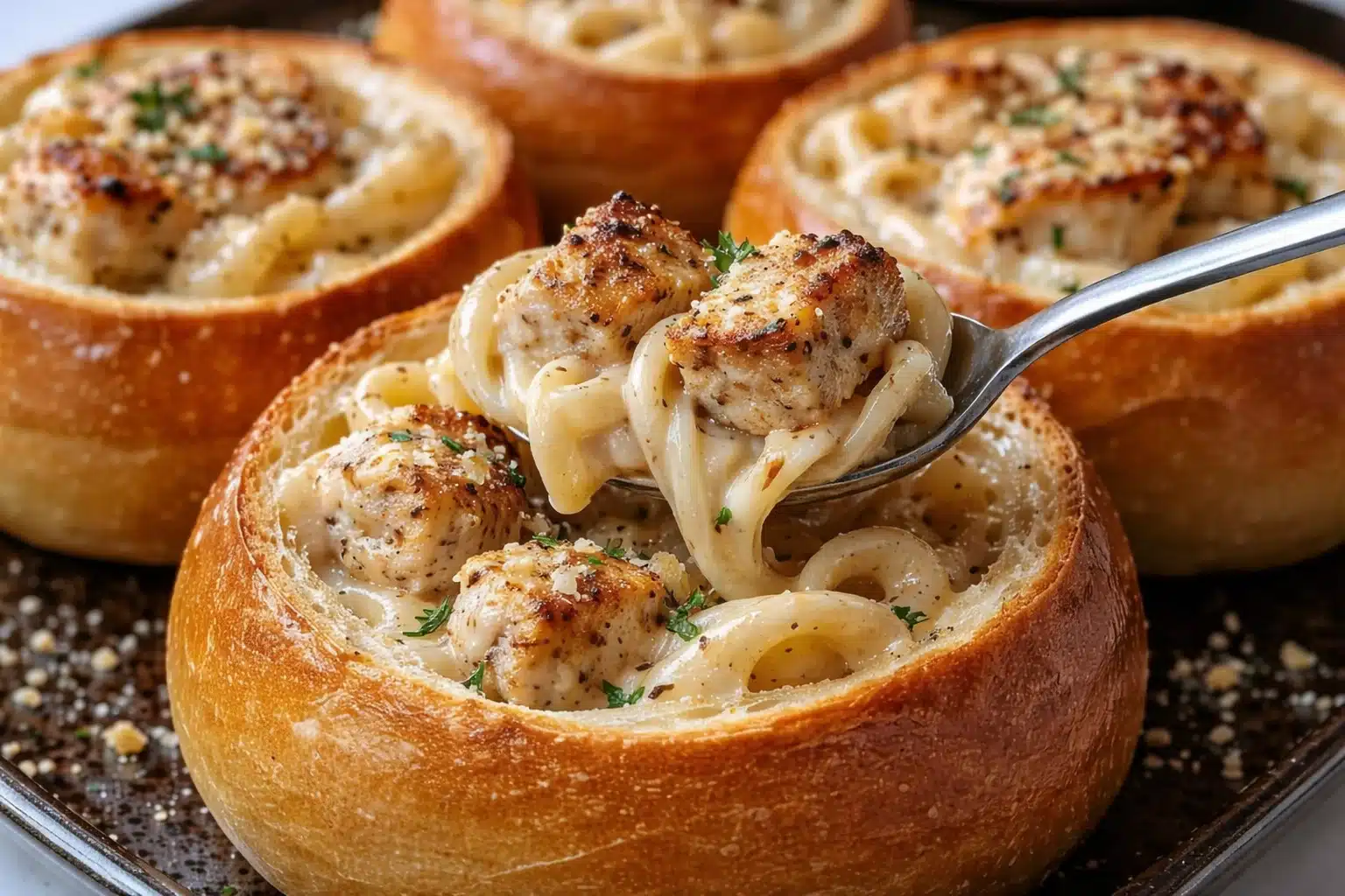 Chicken Alfredo Garlic Bread Bowls served with a creamy sauce and fresh herbs