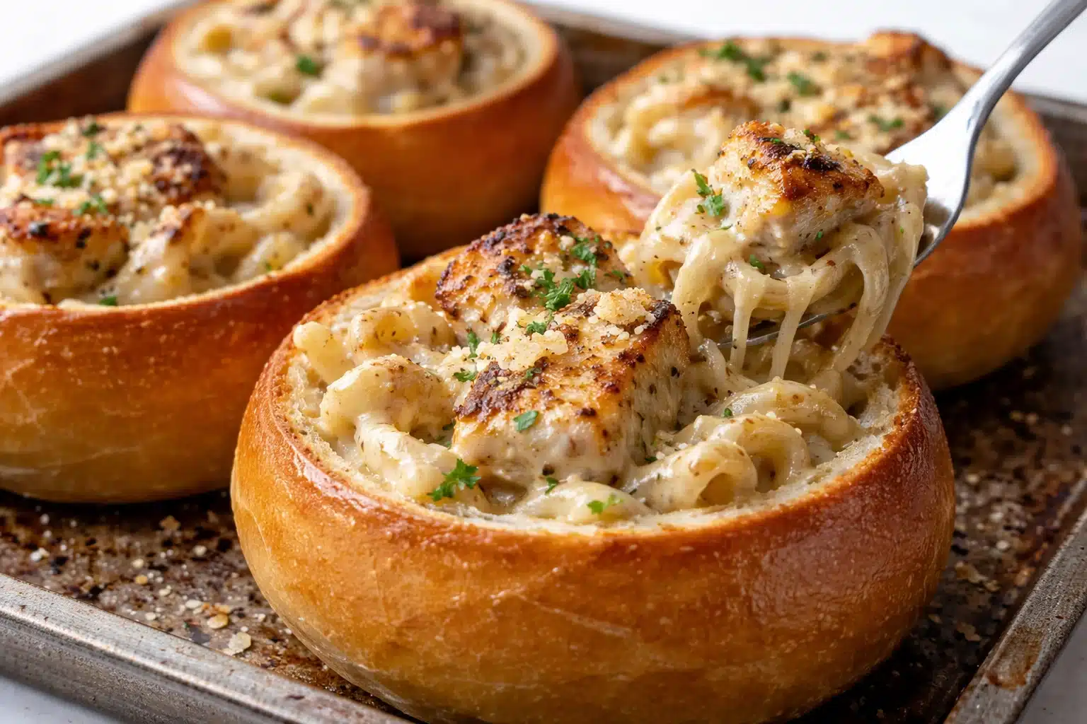 Chicken Alfredo Garlic Bread Bowls
