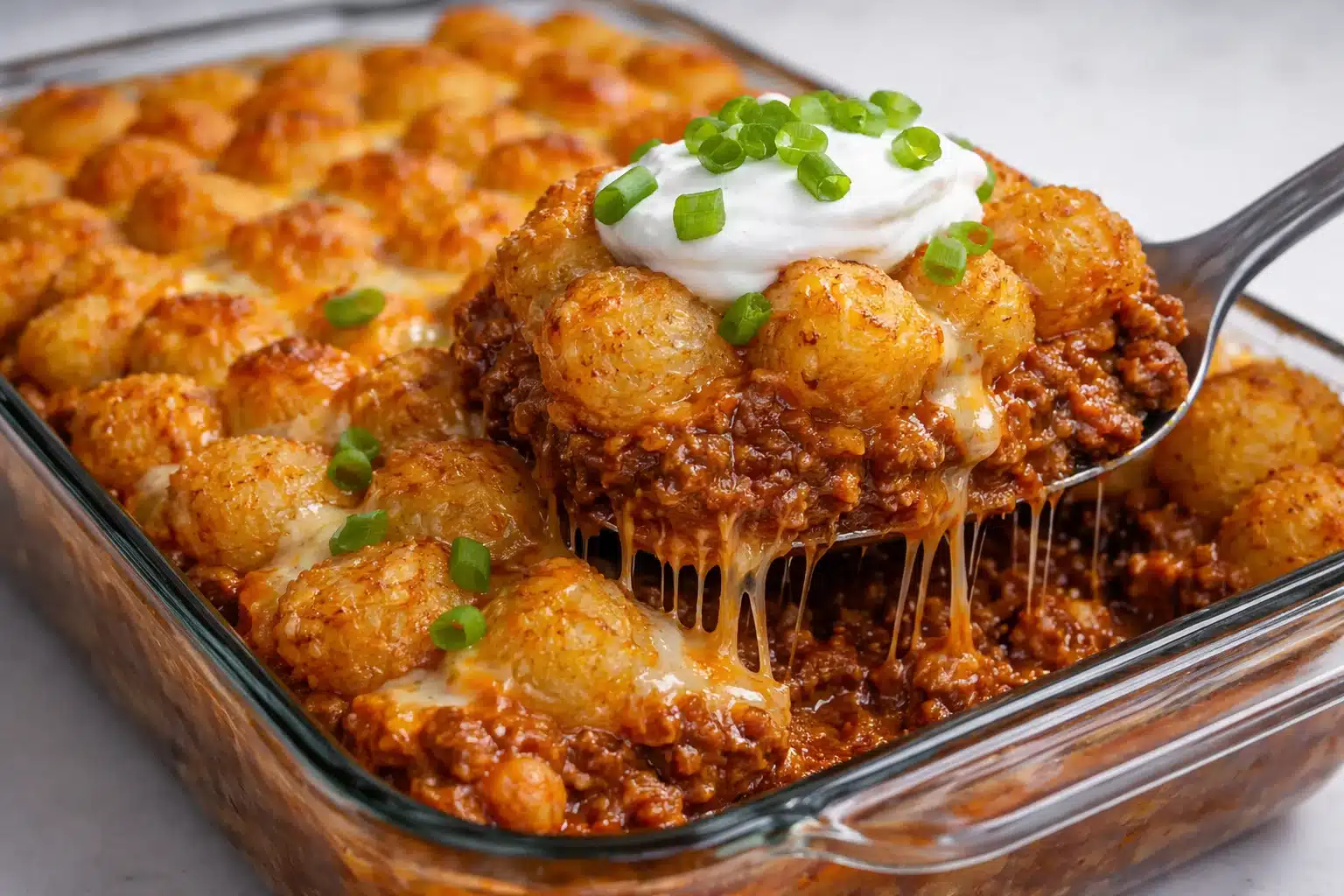 Chili Cheese Tater Tot Casserole topped with melted cheese and green onions
