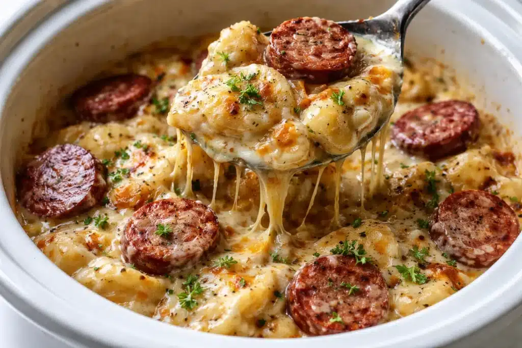 Classic Crockpot Pierogi Casserole with Kielbasa served in a dish