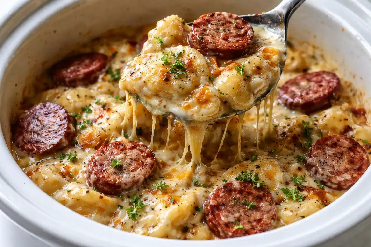 Classic Crockpot Pierogi Casserole with Kielbasa served in a dish