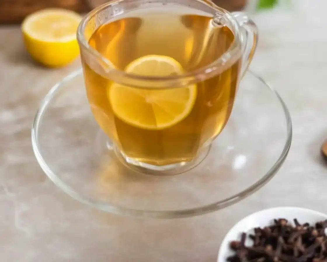 A steaming cup of clove tea with whole cloves, honey, and lemon slice.