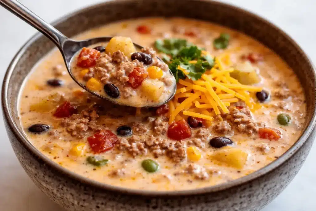 Creamy cowboy soup served in a rustic bowl, ideal for cozy weeknight meals.