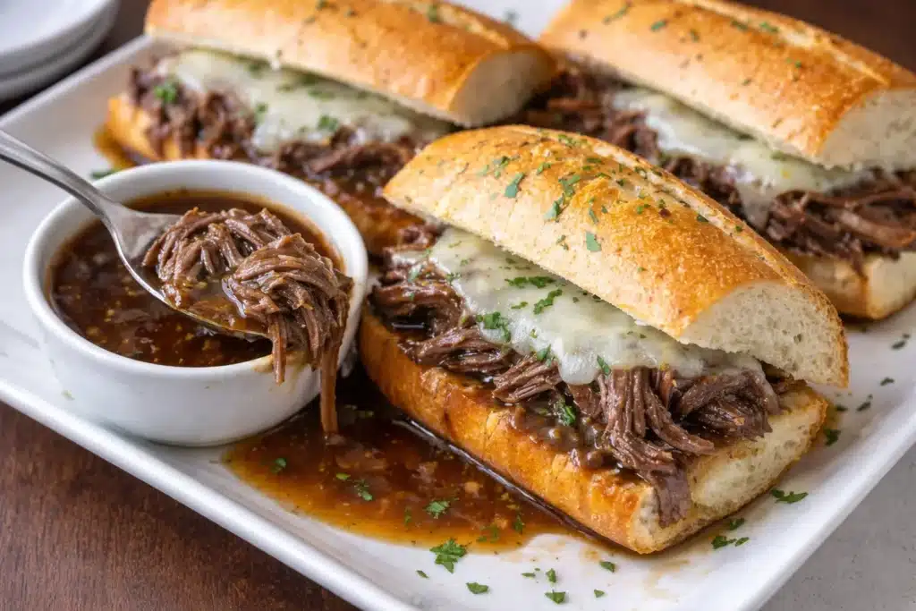 Delicious Crockpot French Dip Sandwiches served with au jus