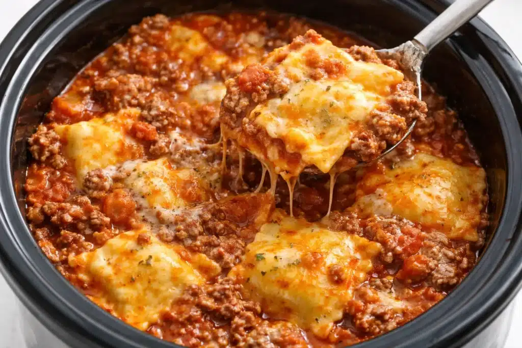 Crockpot Ravioli Lasagna served in a dish, showcasing layers of cheesy goodness.