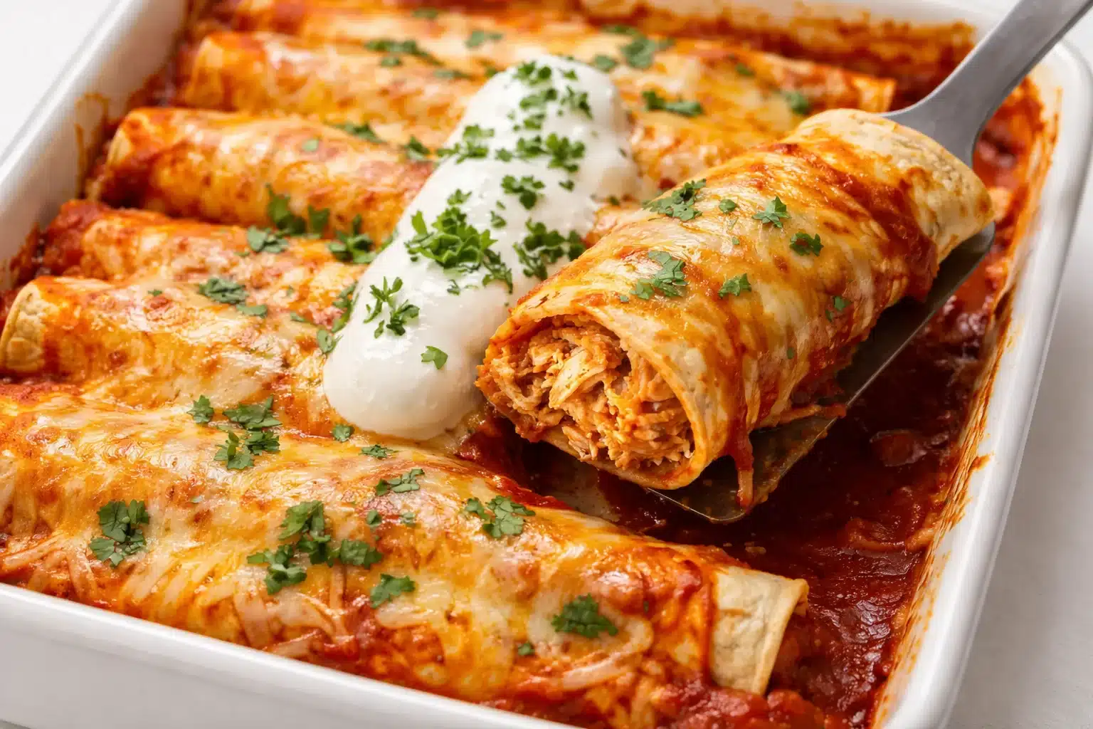 Plate of delicious chicken enchiladas topped with cheese and sauce