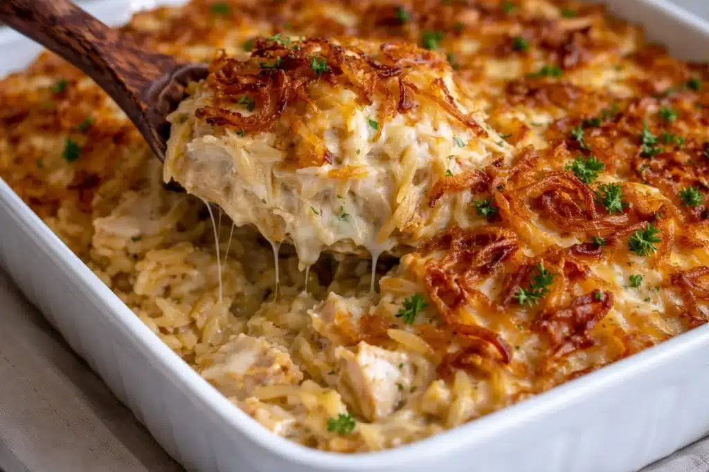 Delicious French Onion Chicken Orzo Casserole served in a dish