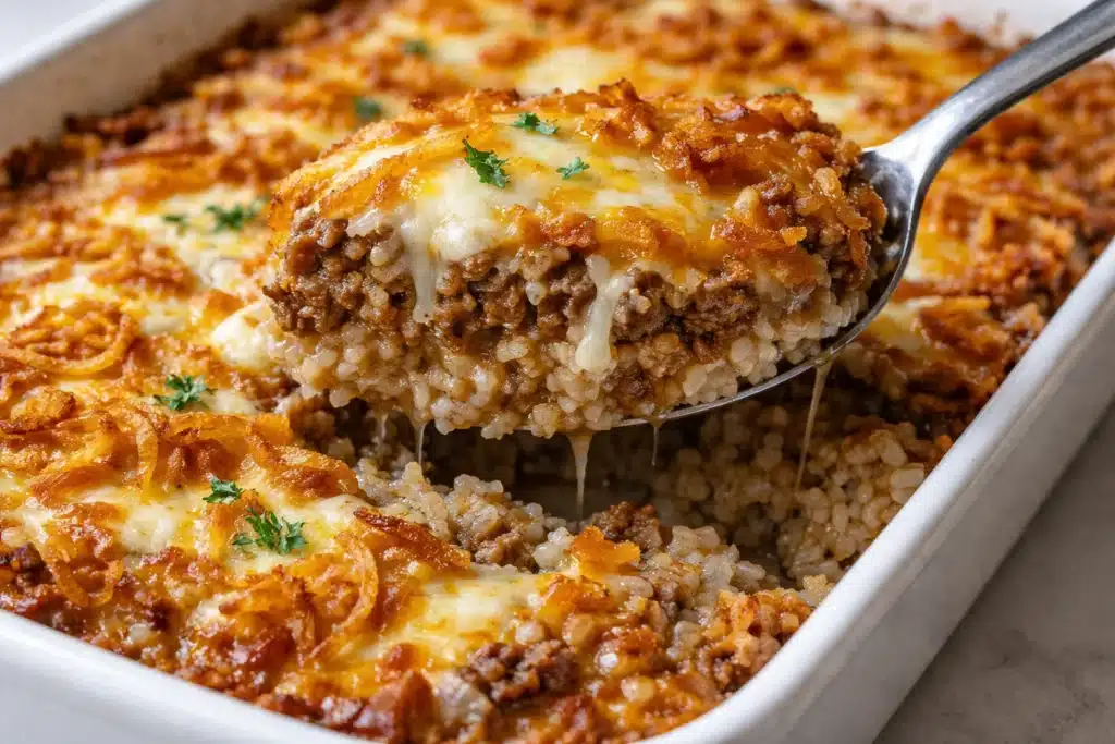 French Onion Casserole with ground beef and rice served in a baking dish