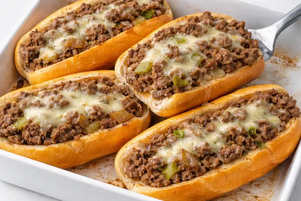 Ground Beef Philly Cheesesteaks served with melted cheese and fresh toppings
