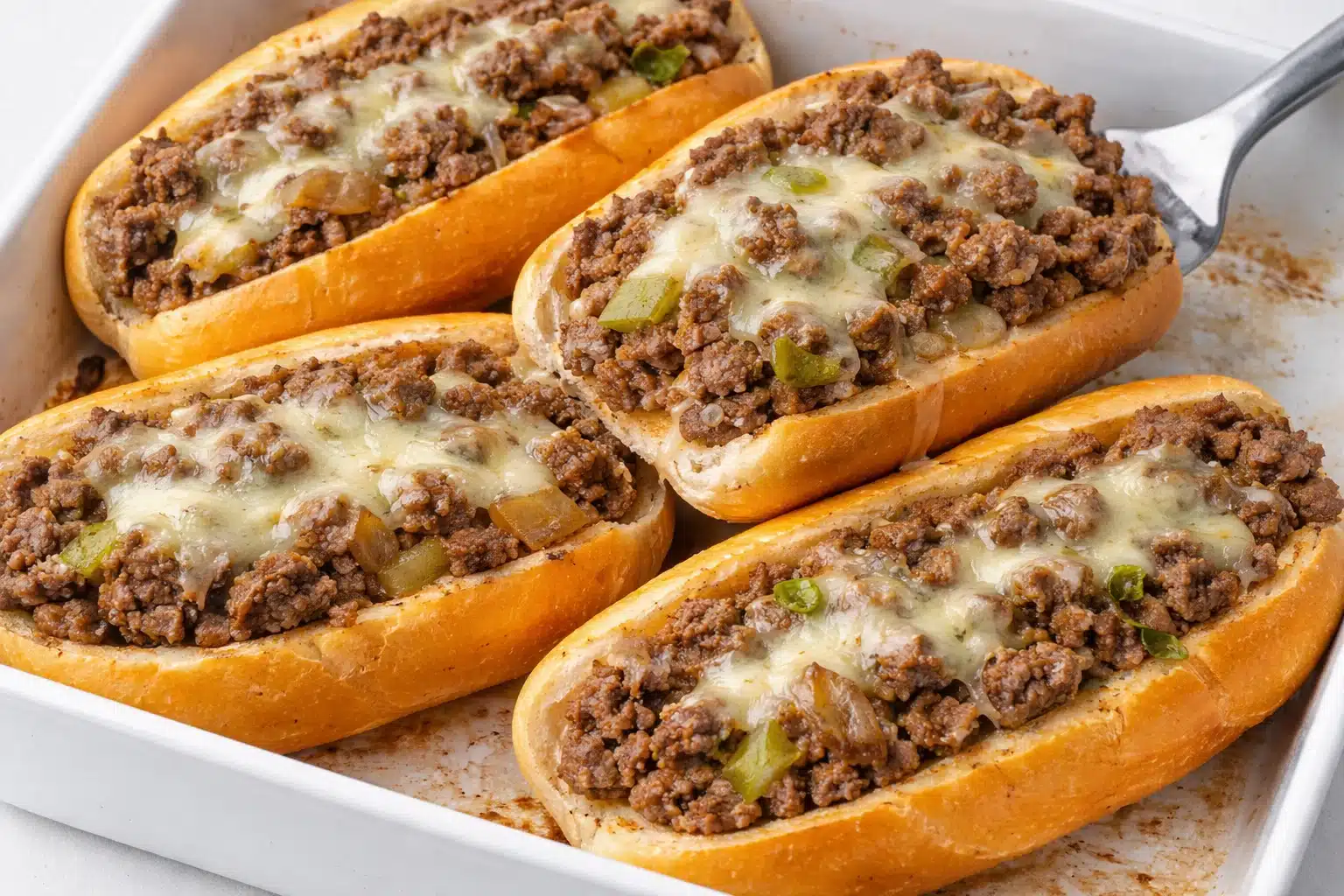 Ground Beef Philly Cheesesteaks served with melted cheese and fresh toppings