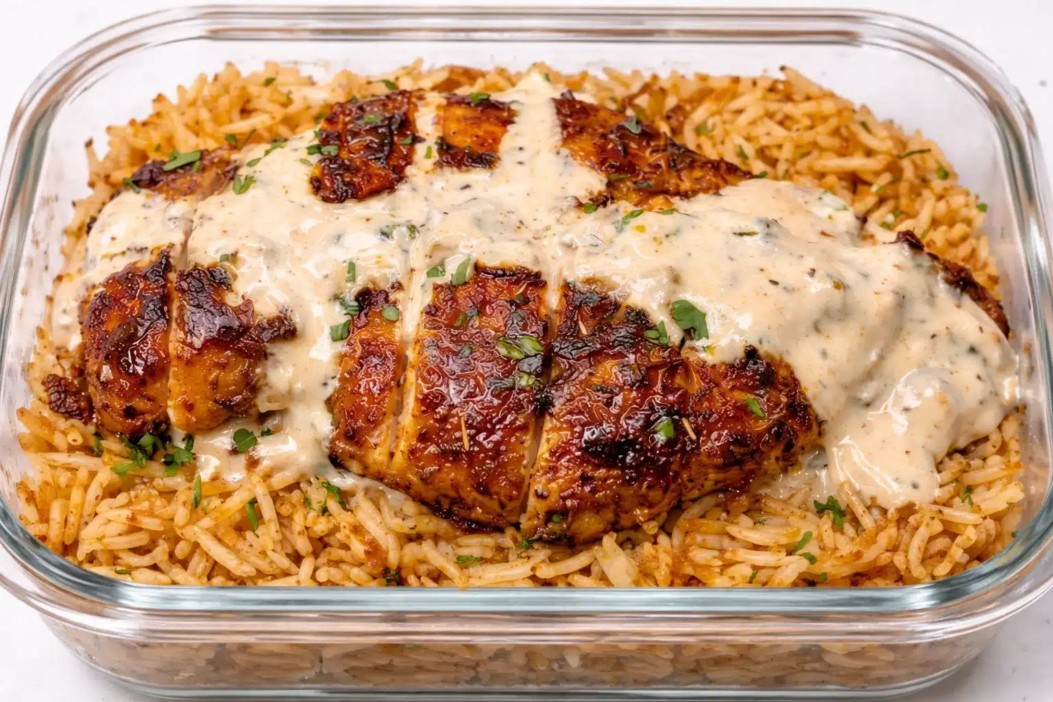 High Protein Creamy Cajun Chicken & Rice served in a bowl with herbs