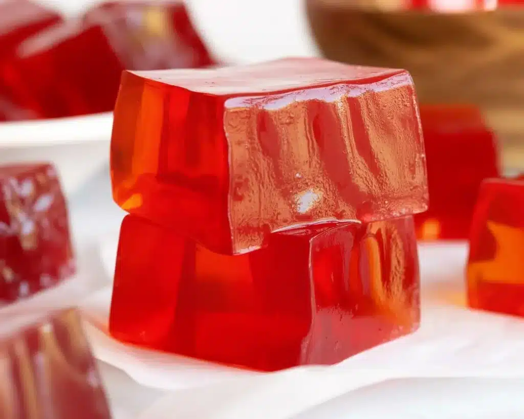 Colorful homemade gelatin cubes made with real fruit juice and natural sweeteners.