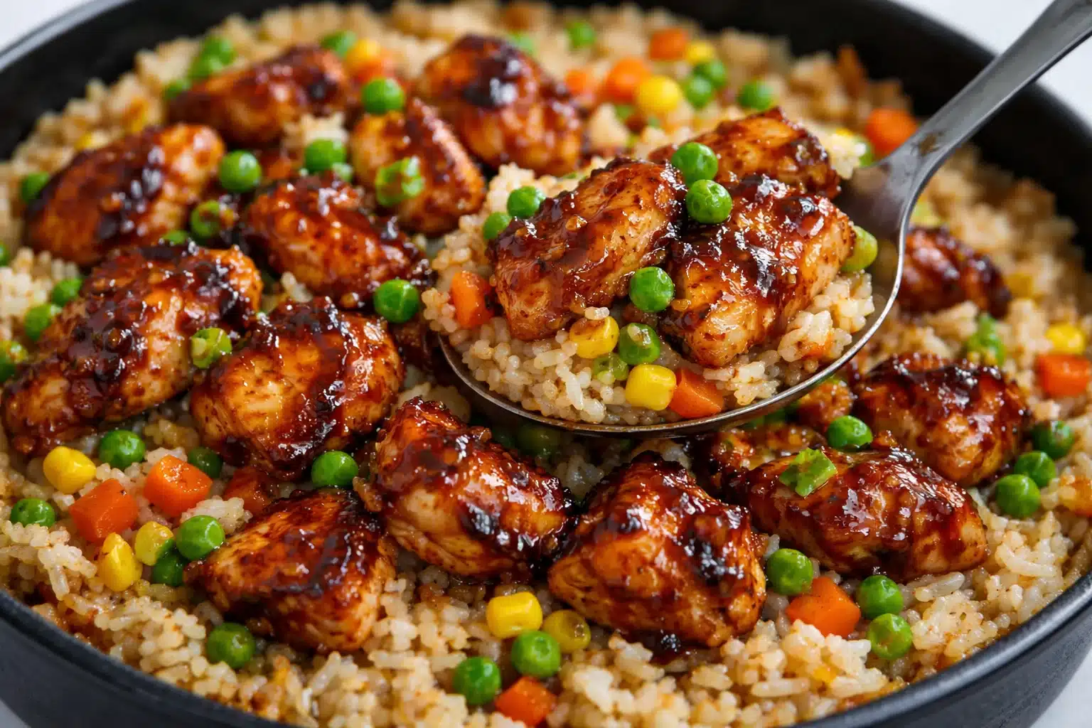 Honey BBQ Chicken Rice dish with tender chicken and savory BBQ sauce served on rice