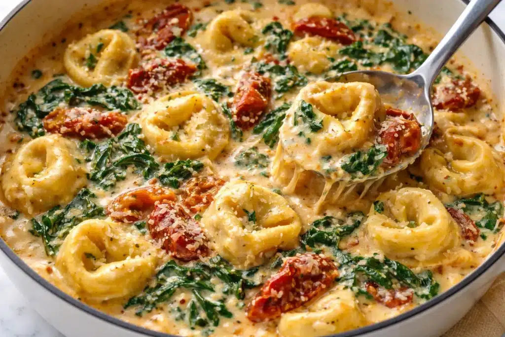 Plate of Marry Me Tortellini topped with fresh herbs and sauce