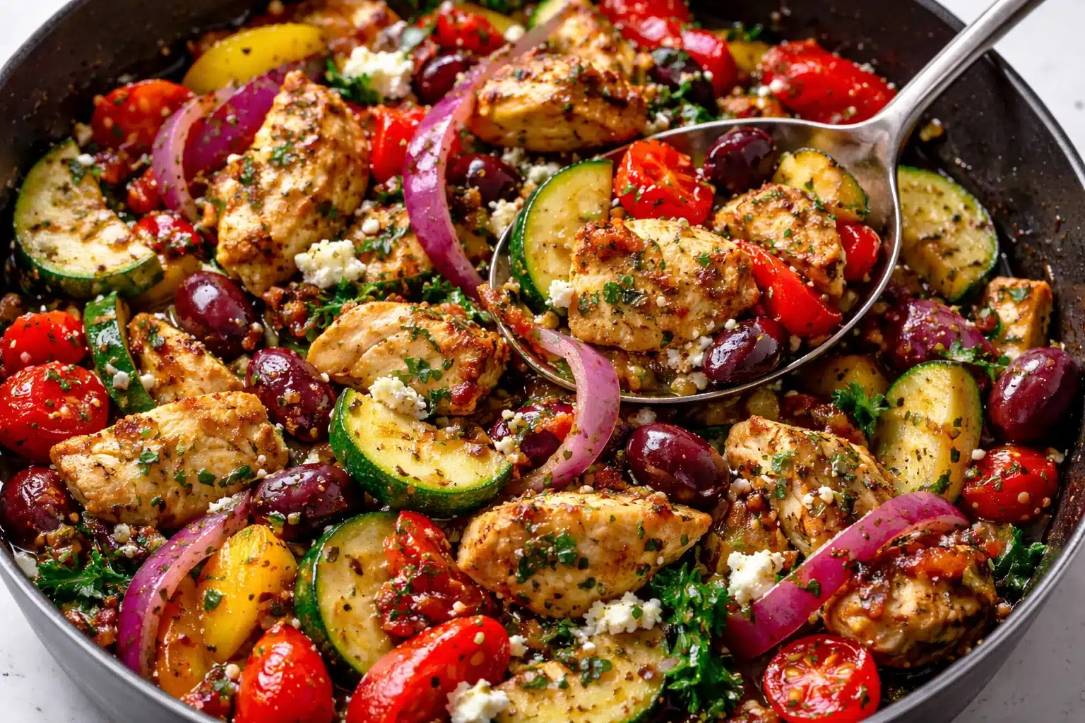 Colorful Mediterranean Chicken Stir Fry with fresh vegetables and herbs