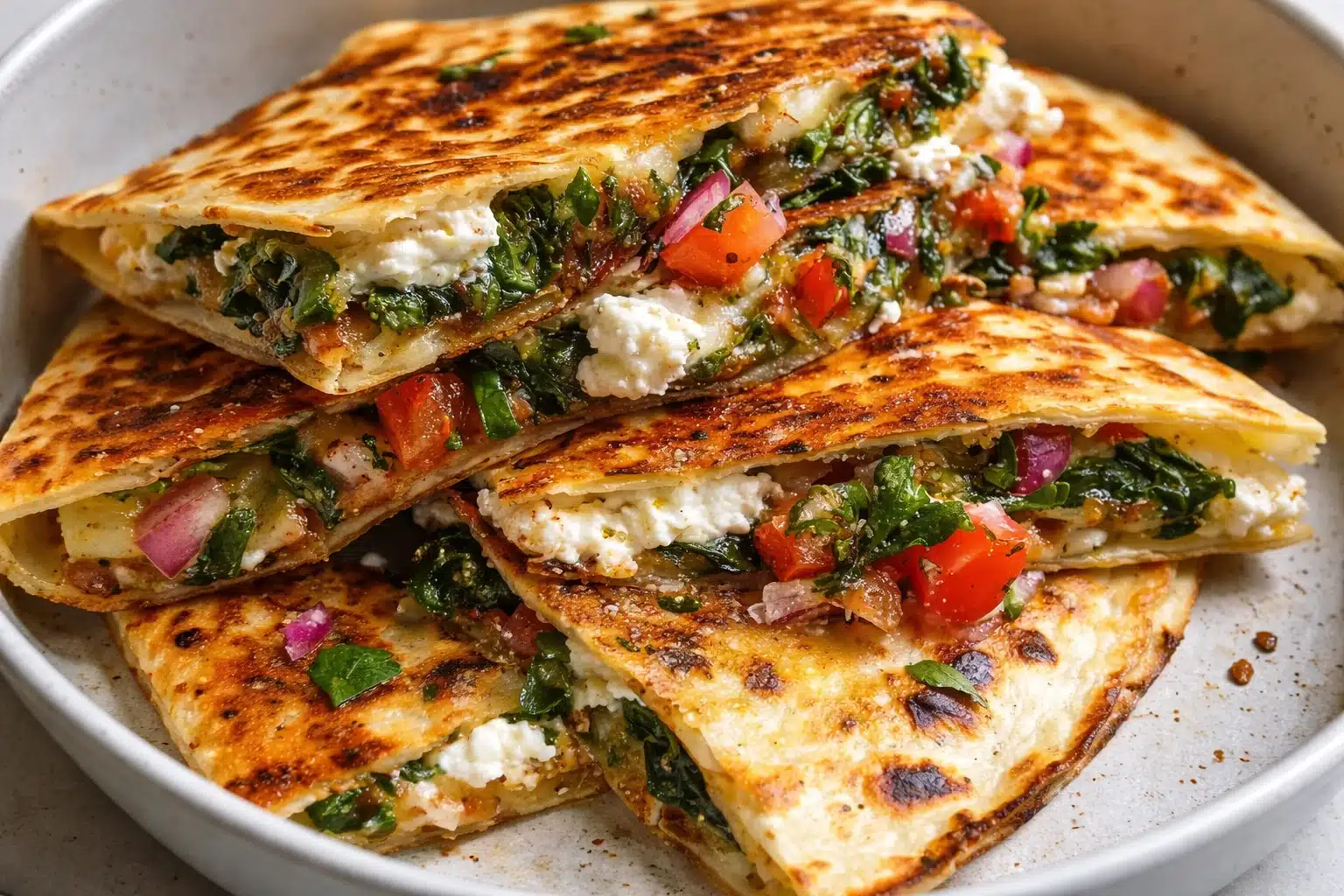 Mediterranean Quesadillas with spinach, feta, mozzarella, and red onion on a plate