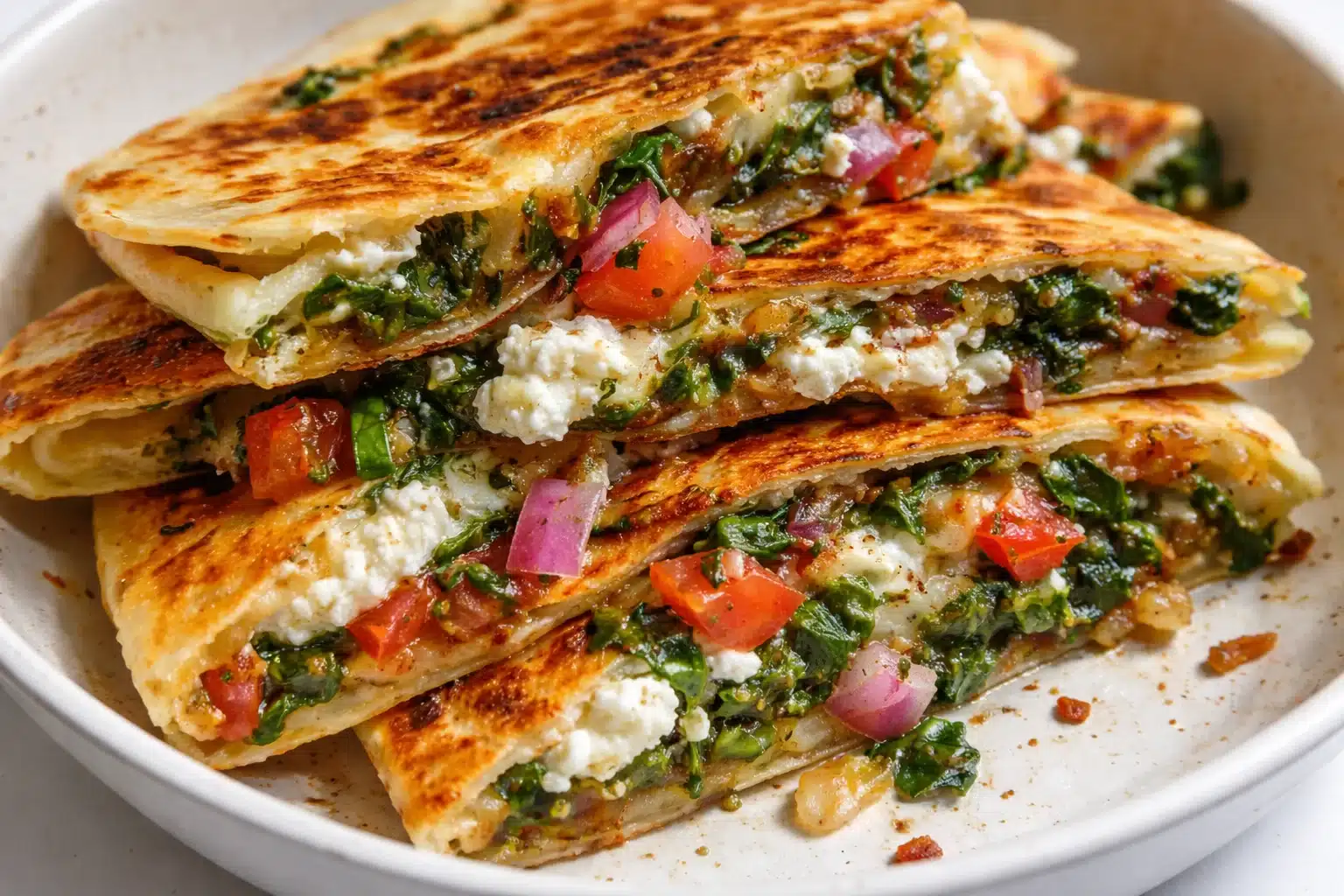Mediterranean Quesadillas with Spinach, Feta, Mozzarella, and Red Onion