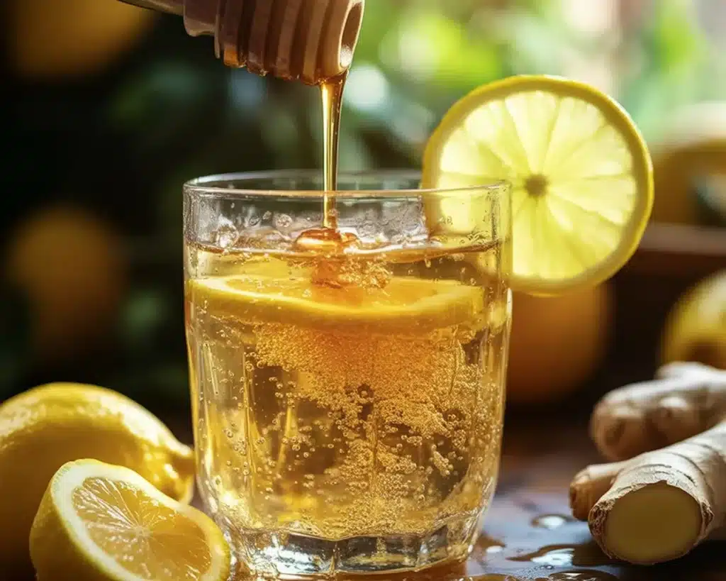 Natural Mounjaro recipe with 4 ingredients: water, lemon, honey, and ginger.