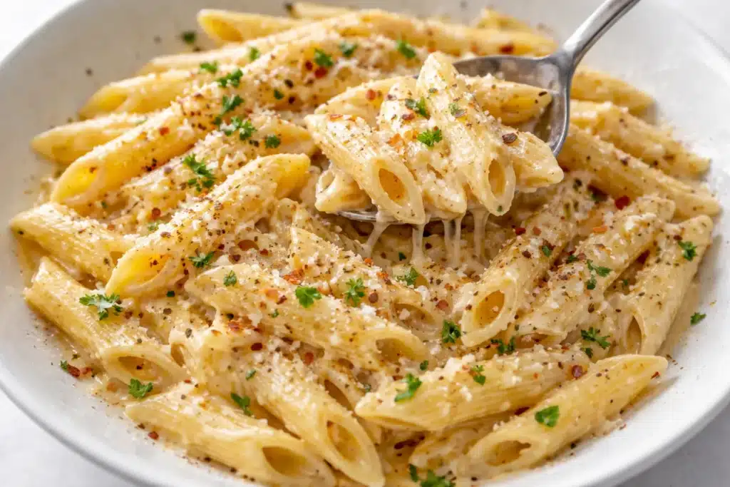 One pot creamy garlic pasta dish garnished with parsley