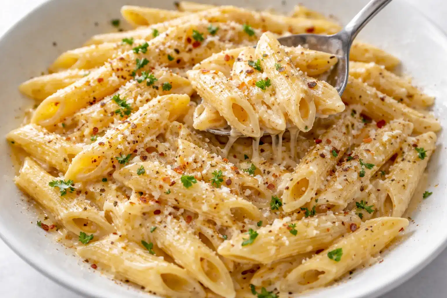 One pot creamy garlic pasta dish garnished with parsley
