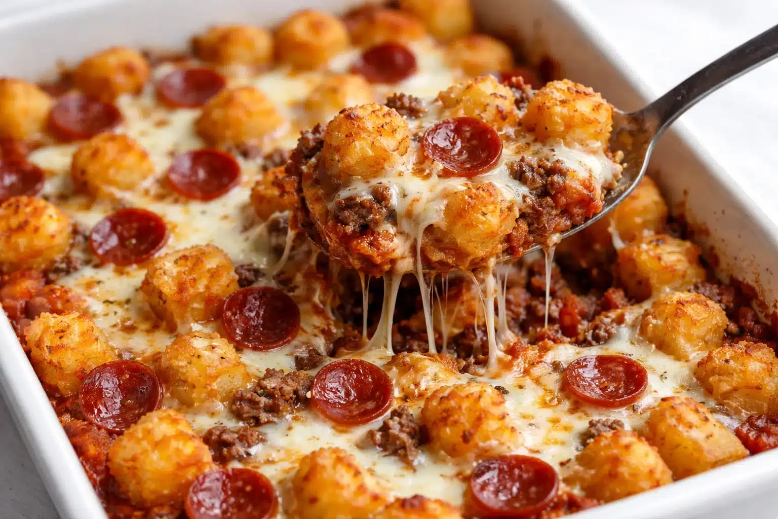Delicious Pizza Tot Casserole topped with cheese and pepperoni, perfect for comfort food.