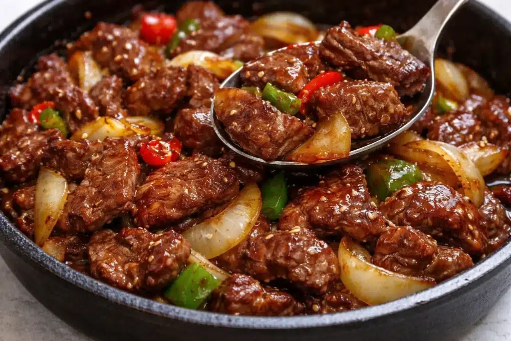 Sizzling Chinese pepper steak dish served with onions and colorful vegetables.