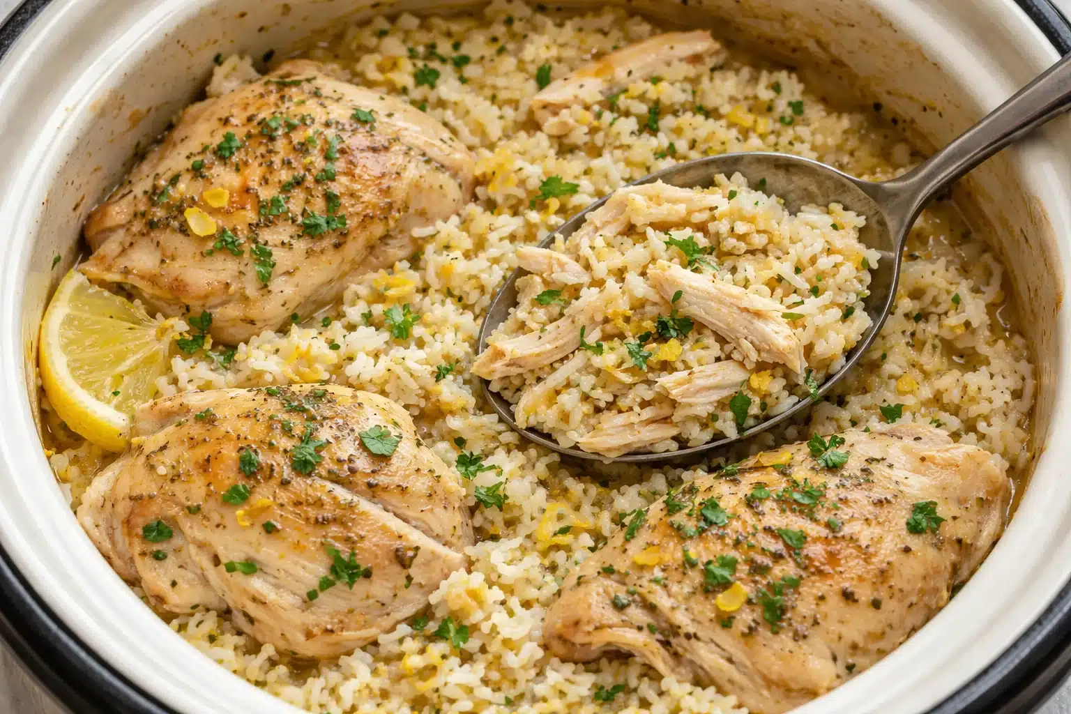 Slow cooker lemon herb chicken served with fluffy rice for a delightful meal