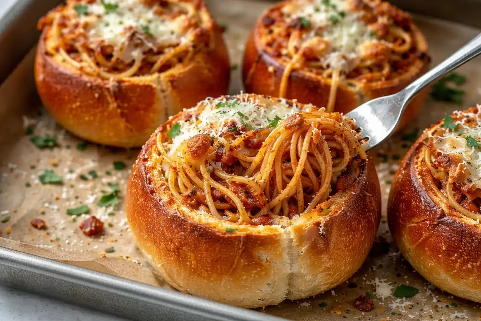Delicious spaghetti garlic bread bowls filled with savory pasta and melted cheese