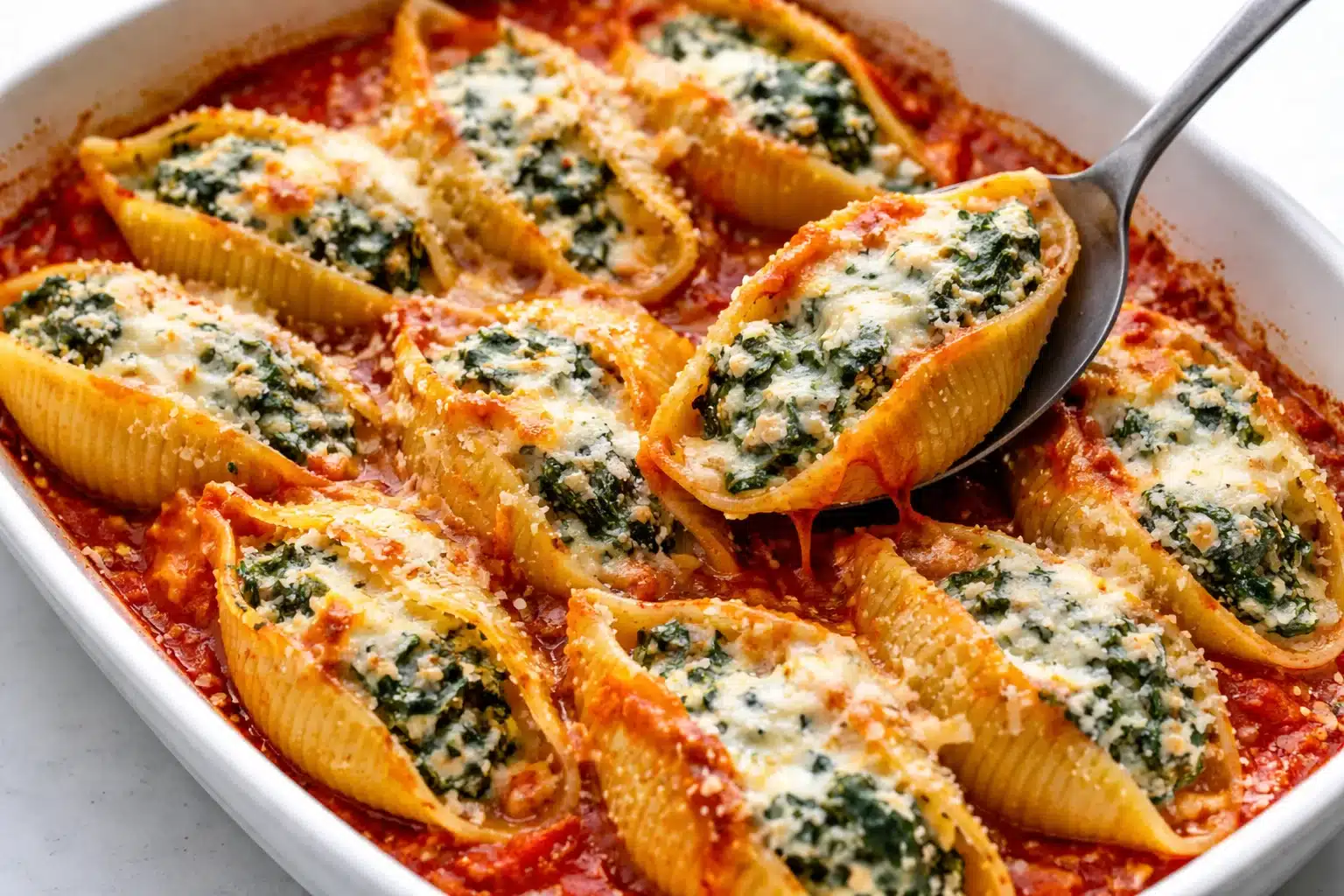 Baked spinach and ricotta stuffed shells topped with marinara sauce