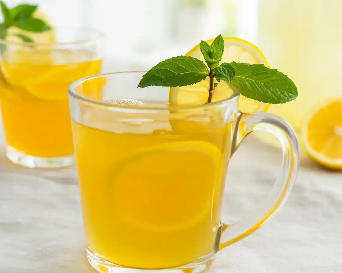 Homemade Starbucks Medicine Ball Tea served in a cozy cup with fresh lemon slices.