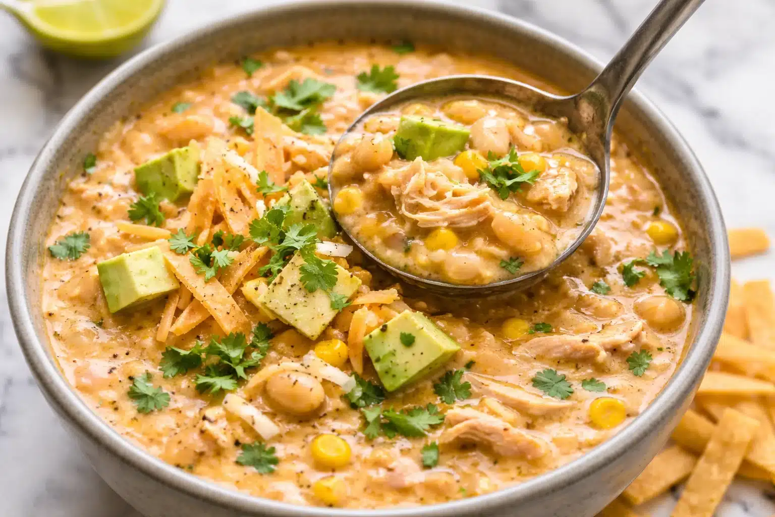 Delicious bowl of white chicken chili topped with cilantro and avocado.